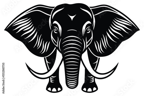 A black and white line drawing shows an elephant walking peacefully forward on the ground