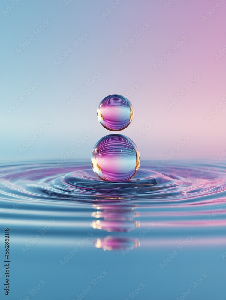 Two stacked water droplets float above gradient blue-pink background with ripples Two stacked water droplets float above gradient blue-pink background with ripples