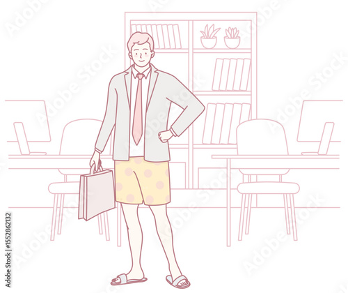A man dressed in a stylish mix of both formal and casual wear, showcasing the latest trends in modern work attire