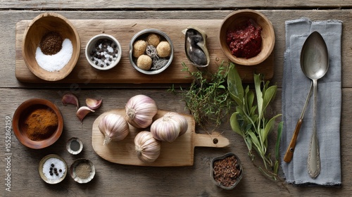 Flatlay of spices and garlic in bowls on rustic wood background for culinary food cooking ingredients healthy natural scene
