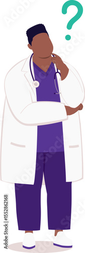 One Plus Size Black Male Doctor With Stethoscope And Lab Coat Standing And Thinking Question With His Hand On Chin.