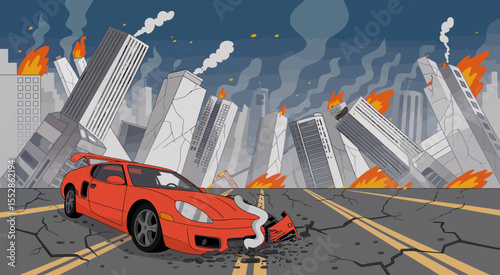 Apocalypse Scenario with Red Sports Car