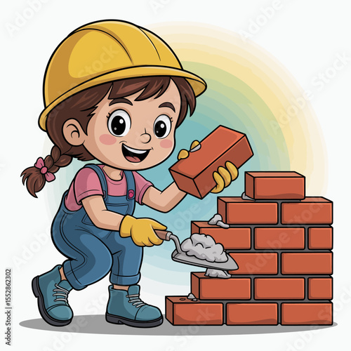 Little Girl Building a Brick Wall