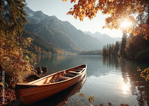 Canoe on calm autumn lake with orange-red trees, sunrise over misty mountains in soft morning light.

