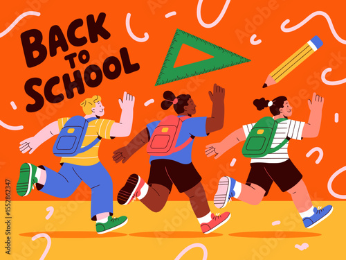 Back to School Illustration with Running Kids