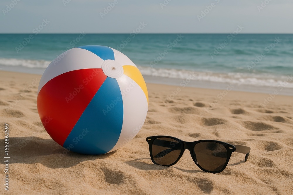 Obraz premium Beach ball and sunglasses on sand near ocean on a bright sunny day