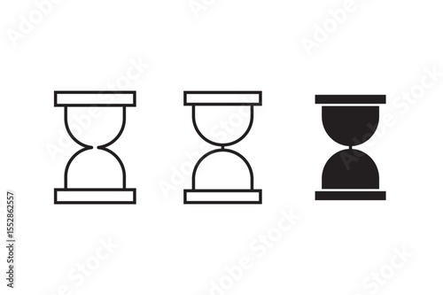 Hourglass icons set. filled and line illustration. A collection of black outline hourglass icons, each showing a different stage of time passing