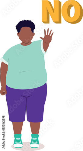Front View Of A Chubby Black Little Boy Standing With One Hand Showing A Stop Gesture.
