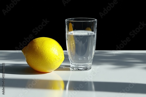 Lemon and water glass on white table against black background