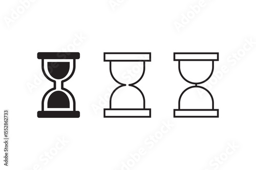 Hourglass icons set. filled and line illustration. A collection of black outline hourglass icons, each showing a different stage of time passing