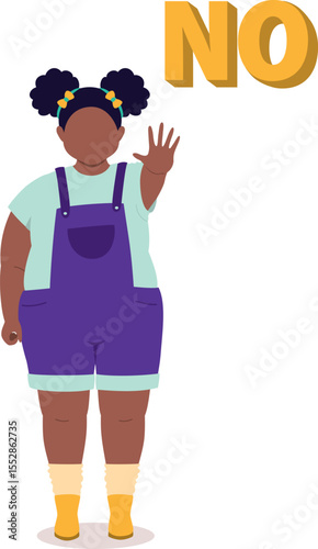 Front View Of A Chubby Black Little Girl Standing With One Hand Showing A Stop Gesture.