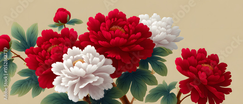 Guochao style traditional Chinese watercolor painting of peony flowers
