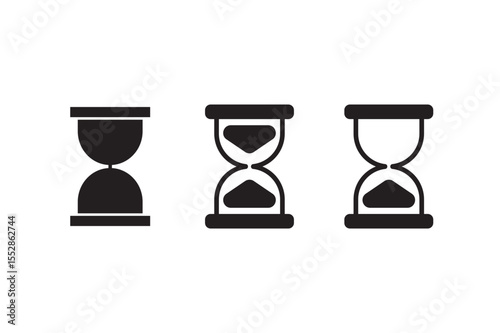 Hourglass icons set. filled and line illustration. A collection of black outline hourglass icons, each showing a different stage of time passing
