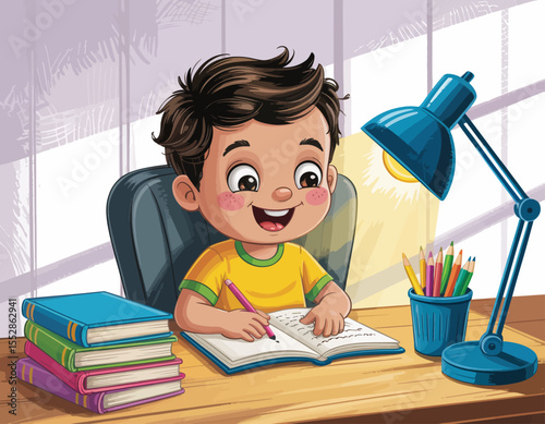 Child studying with a desk lamp and books