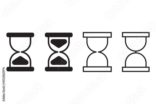 Hourglass icons set. filled and line illustration. A collection of black outline hourglass icons, each showing a different stage of time passing