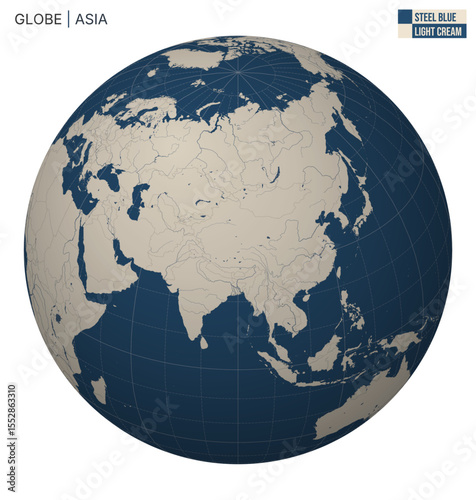 Vector Globe centered to Asia. Steel Blue Light Cream palette. World map with meridians, parallels, countries, rivers and lakes. Stylish vector illustration.