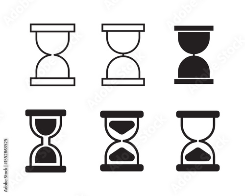 Hourglass icons set. filled and line illustration. A collection of black outline hourglass icons, each showing a different stage of time passing