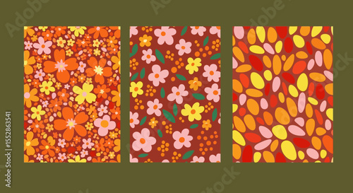 Retro Floral and Abstract Seamless Patterns Orange, Pink, and Yellow Designs