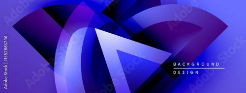 Abstract blue design features layered shapes, gradients. Modern, dynamic composition creates visual depth, texture. Background includes text elements.