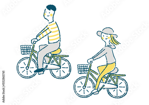 サイクリングをするカップルの手描きイラスト