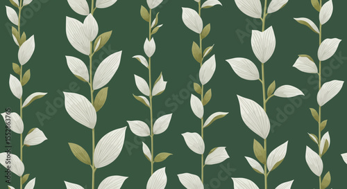 Elegant White and Olive Green Leaf Pattern Seamless Botanical Illustration for Design Projects