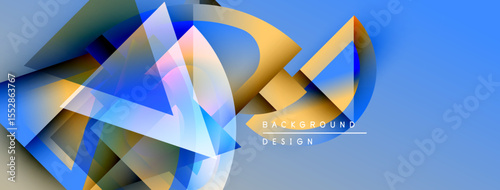 Abstract geometric shapes overlap, creating dynamic composition. Blue, gold hues dominate design, suggesting movement, depth.