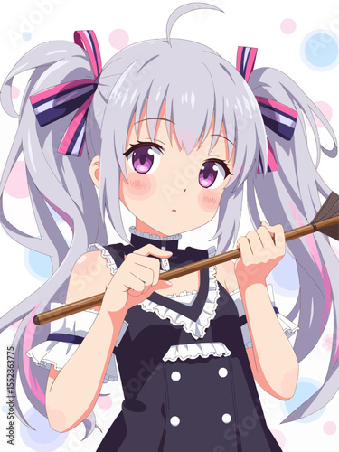 A cute anime girl with silver hair, pink highlights, and twin tails holding an arrow while wearing a black and white frilly top
