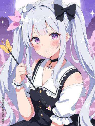  A cute anime girl with silver hair, pink highlights, and twin tails holding an arrow while wearing a black and white frilly top