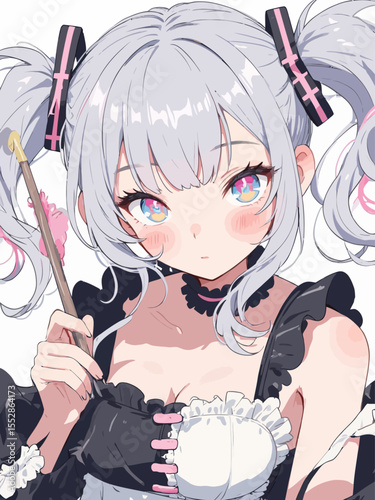  A cute anime girl with silver hair, pink highlights, and twin tails holding an arrow while wearing a black and white frilly top