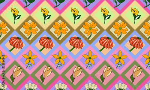 Colorful Floral Patchwork Pattern with Diamond Grid