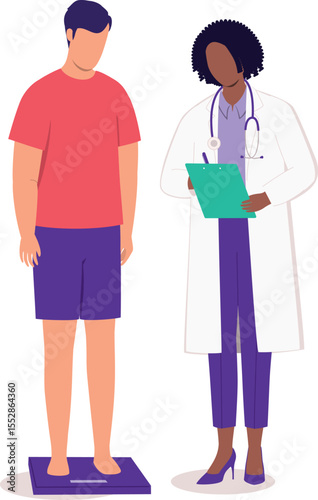 Young Man Having Weight Measurement With His Doctor In A Medical Check-Up.