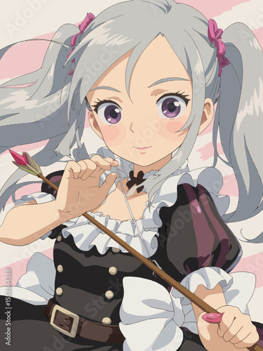  A cute anime girl with silver hair, pink highlights, and twin tails holding an arrow while wearing a black and white frilly top