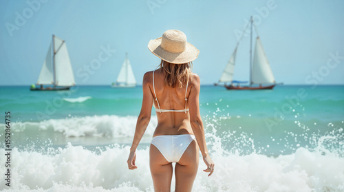 Young woman in white bikini and straw hat enjoying seaside view with sailboat.