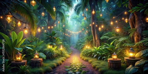 Enchanted Jungle Path Illuminated by Glowing Lanterns and String Lights at Dusk