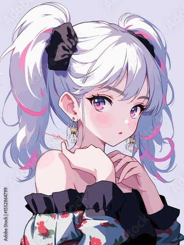  A cute anime girl with silver hair, pink highlights, and twin tails holding an arrow while wearing a black and white frilly top