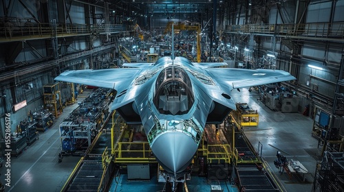 A high-angle view of a fighter jet under construction in a large hangar.  Modern, powerful, and sophisticated machinery and equipment are visible around the jet