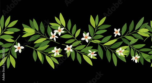 Elegant Floral Border Seamless Pattern of White Flowers and Green Leaves