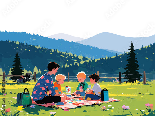 a family with two young children sitting on a picnic blanket near a scenic overlook in the Great Smoky Mountains National Park, their backs to the camera 