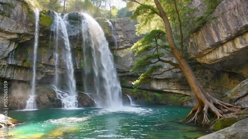 Waterfall cascading into a turquoise pool surrounded by rock cliffs hd video , 4k video , mp4