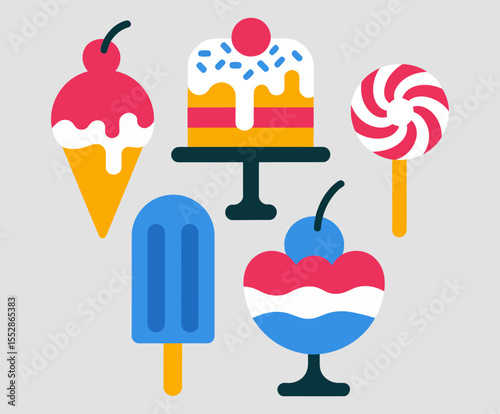 Frozen dessert and snack icon set. Ice creams, popsicles, whipped sundaes, balloons and patriotic toppings with 4th of July vibe  