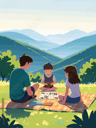 a family with two young children sitting on a picnic blanket near a scenic overlook in the Great Smoky Mountains National Park, their backs to the camera 