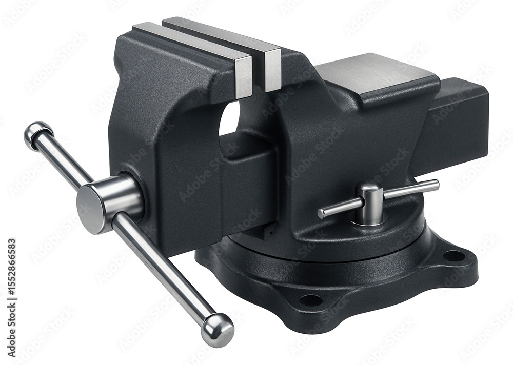 Naklejka premium A heavy-duty vice clamp with a swivel base, useful for securing materials on a workbench in a garage.