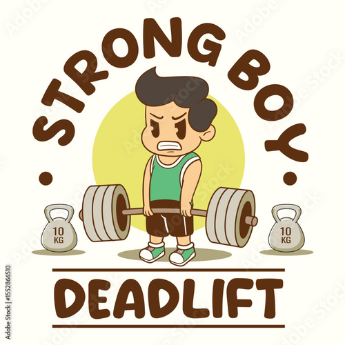 A Funny Boy athlete deadlifting a heavy barbell for fitness and muscle building in a retro cartoon character mascot illustration