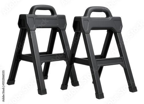 A foldable sawhorse pair made from durable plastic, convenient for supporting materials in a backyard shed.