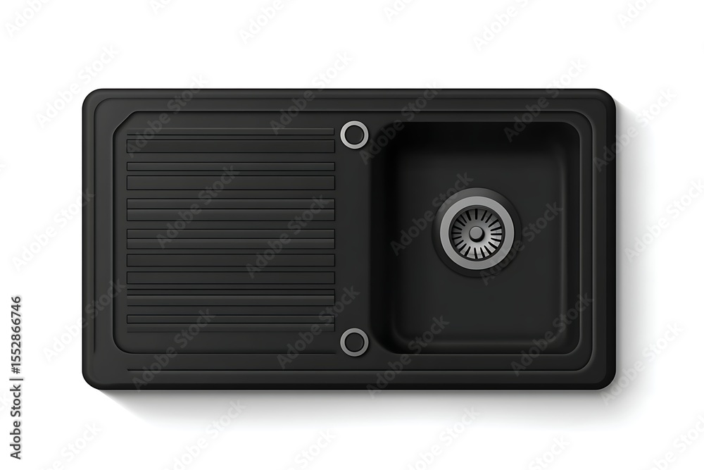 Obraz premium Top-down view of a black kitchen sink with a drainboard and a circular basin. Realistic graphic