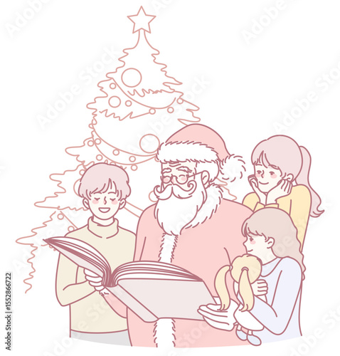 Santa joyfully reads a storybook to excited children in a cozy, festive setting full of decorations and cheer