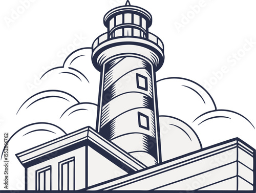 Stylized lighthouse with swirling clouds graphic beacon