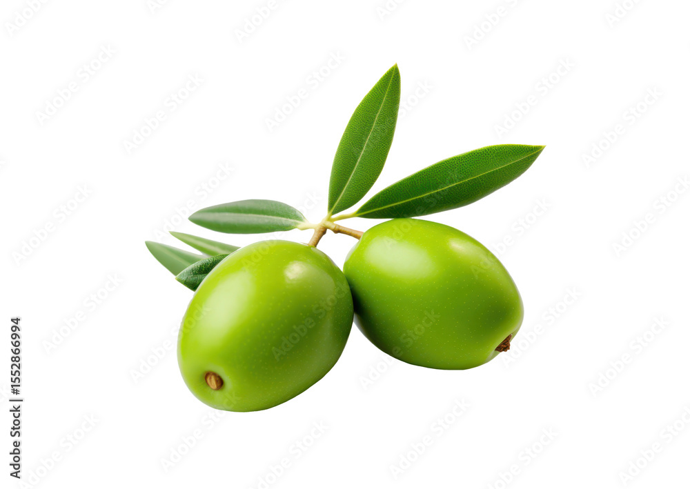 Obraz premium pair of green olives with leaves isolated on white or transparent png