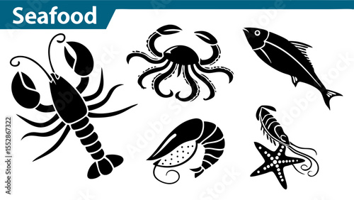 The word seafood is written in bold black letters on a teal colored tab against a black background isolated on transparent background