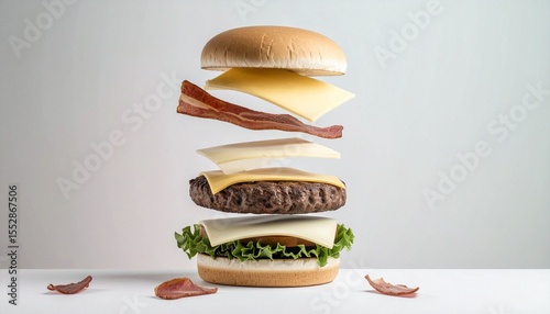hamburguesa levitando, con los ingredientes perfectamente separados en capas flotantes